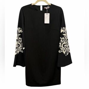 NENKA Black Dress with White Sleeve Embellishments